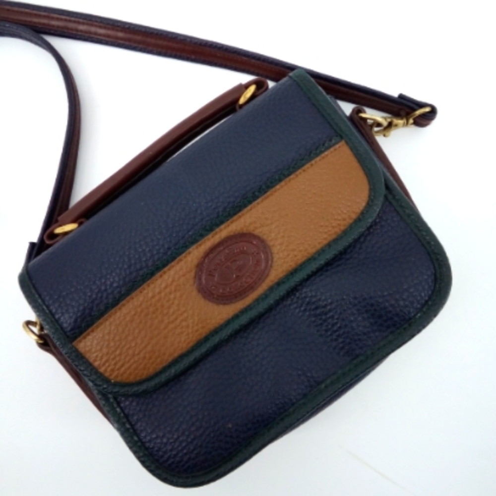 Vintage 80's Portofino Collection Pebbled Leather Navy Blue Green Trim Crossbody